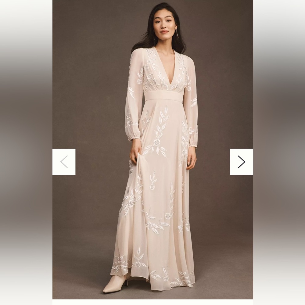 BHLDN Belize Embroidered A-Line Long-Sleeve V-Neck Gown
